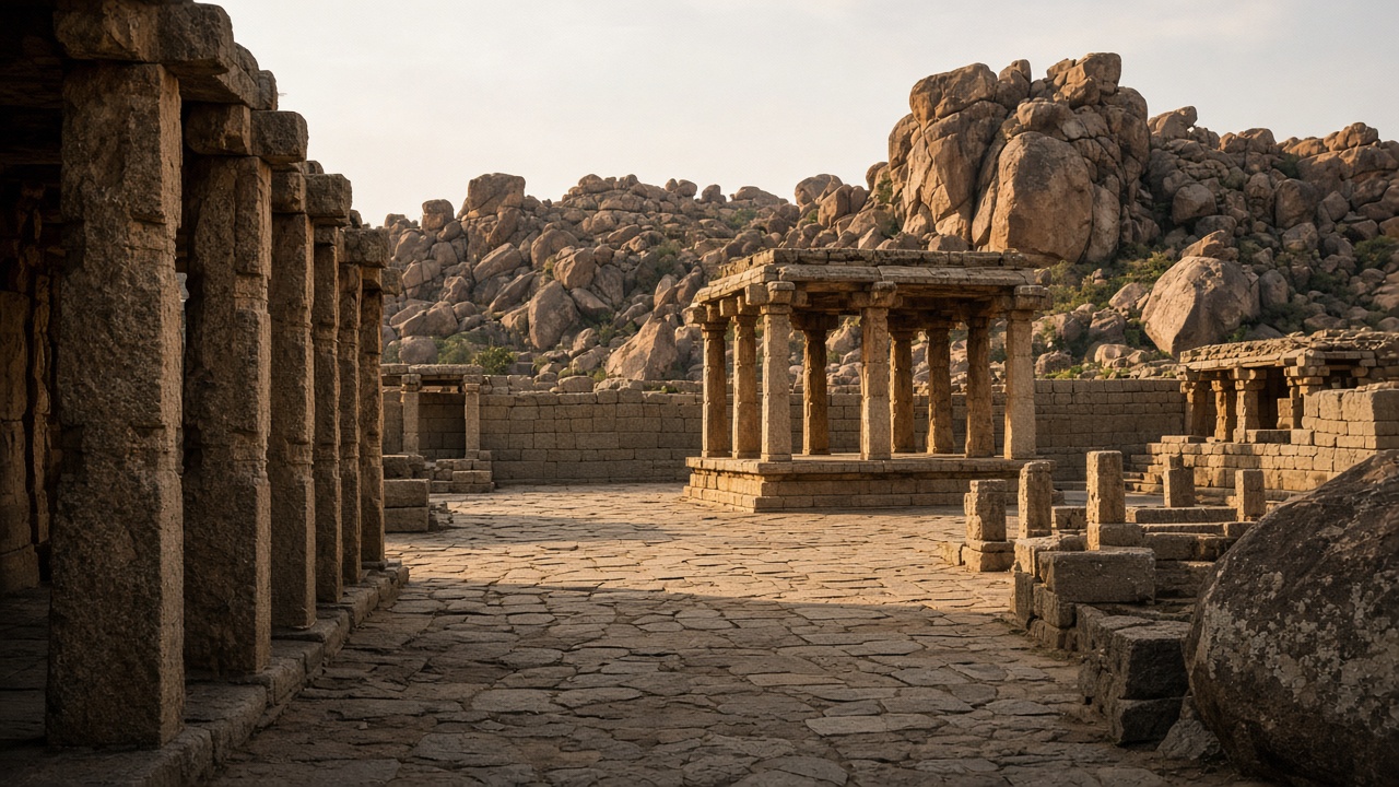 Stone pillars and boulders at Hampi