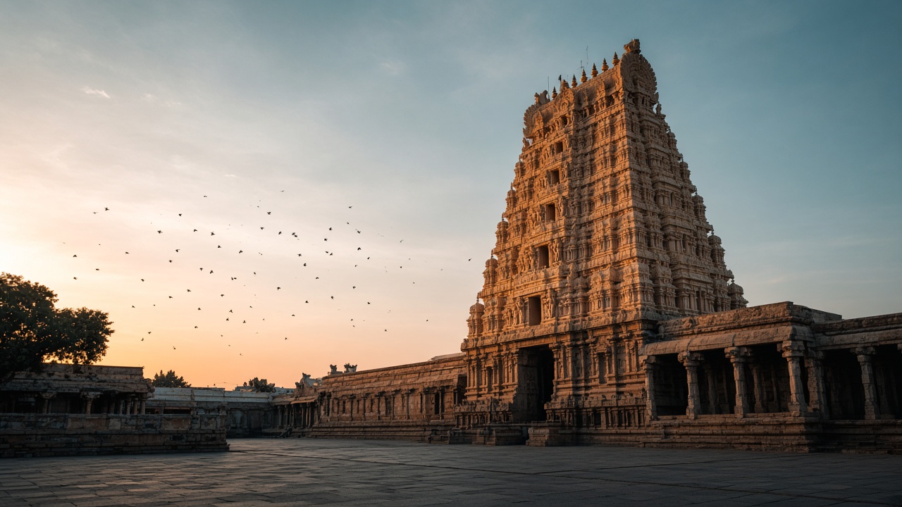 A carved South Indian temple tower in warm morning light