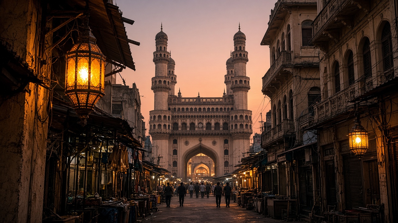 The Charminar seen down a lane in Hyderabad at dusk