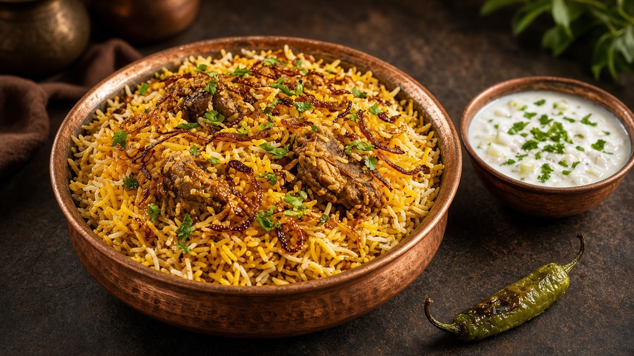 Hyderabadi biryani in a copper dish with raita