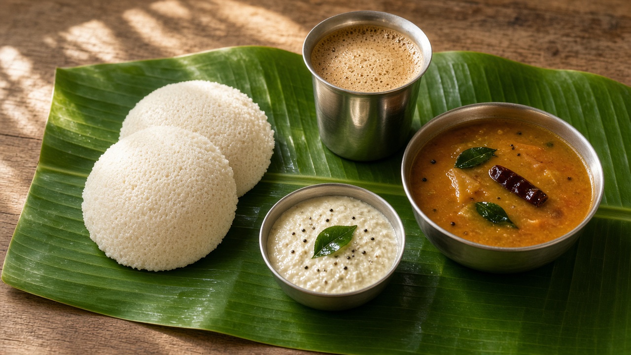 Idli, chutney, sambar, and filter coffee on a banana leaf