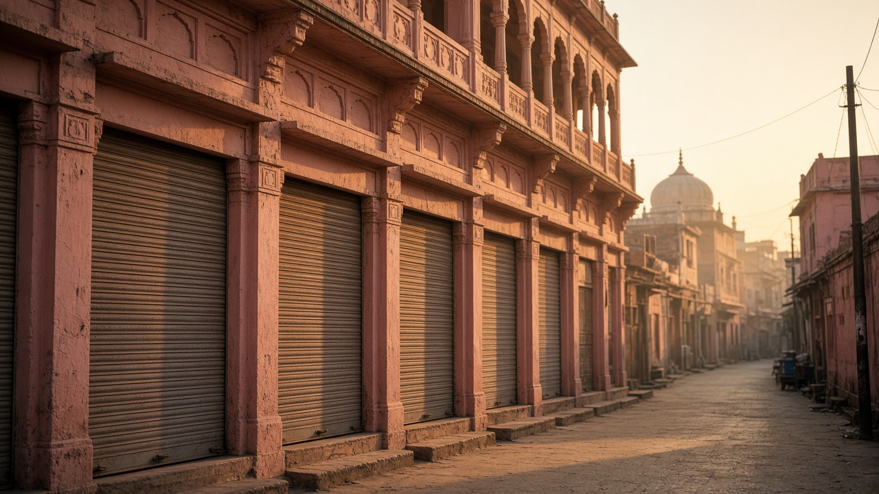 A quiet pink sandstone lane in Jaipur at sunrise