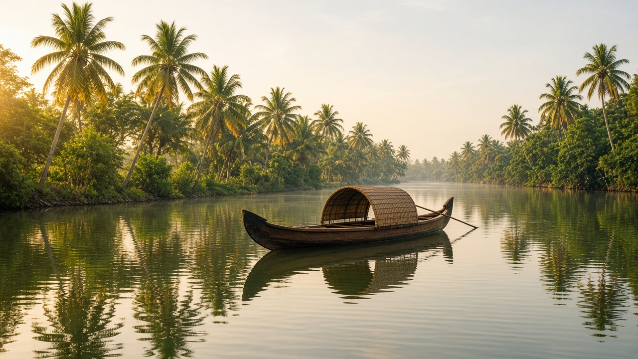 A wooden boat on the still green backwaters of Kerala