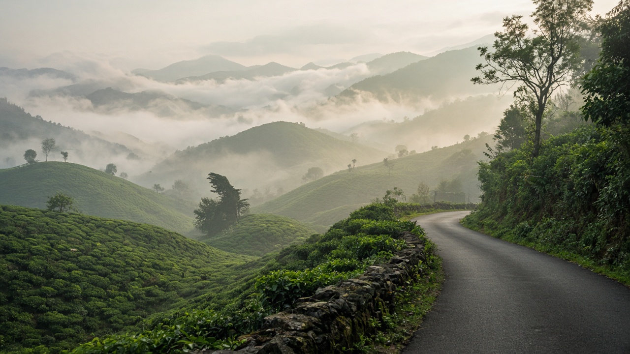 Mist over tea slopes in the Kerala hills
