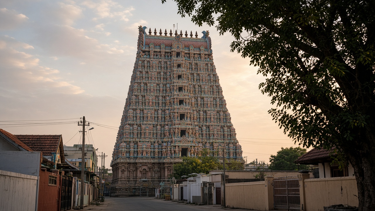 The tall sculpted tower of the Madurai temple at dusk