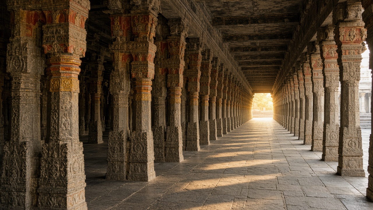 A long stone corridor of carved temple pillars