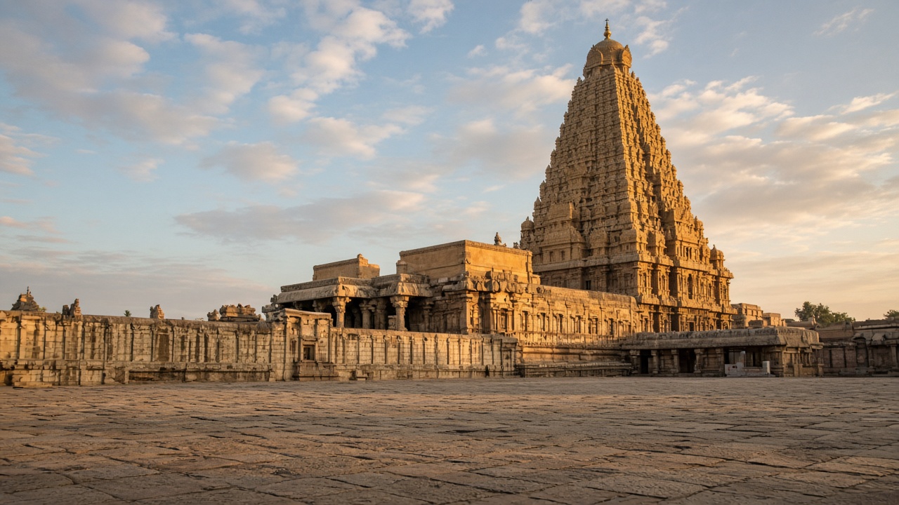 The stone tower of the Brihadisvara temple across its courtyard