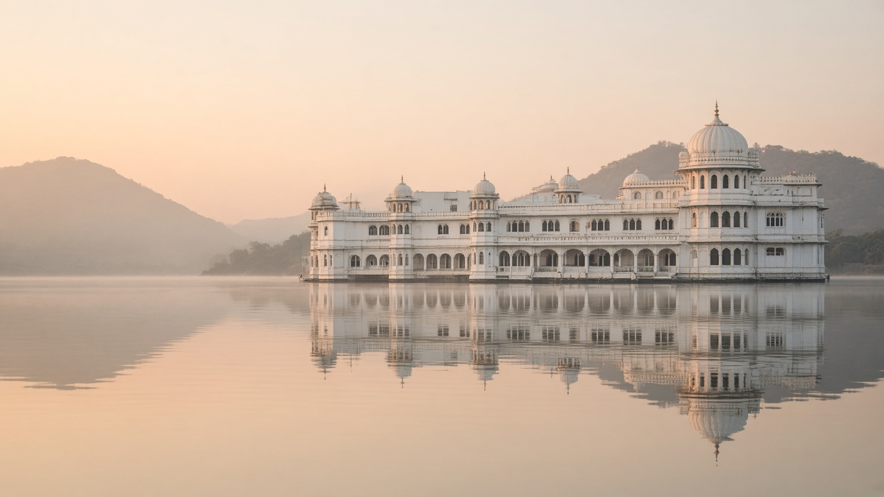 A white lake palace on still water in Udaipur