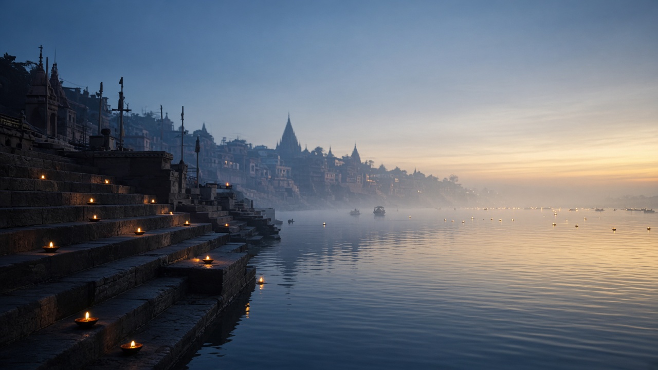 Dawn mist and lamps on the river steps at Varanasi